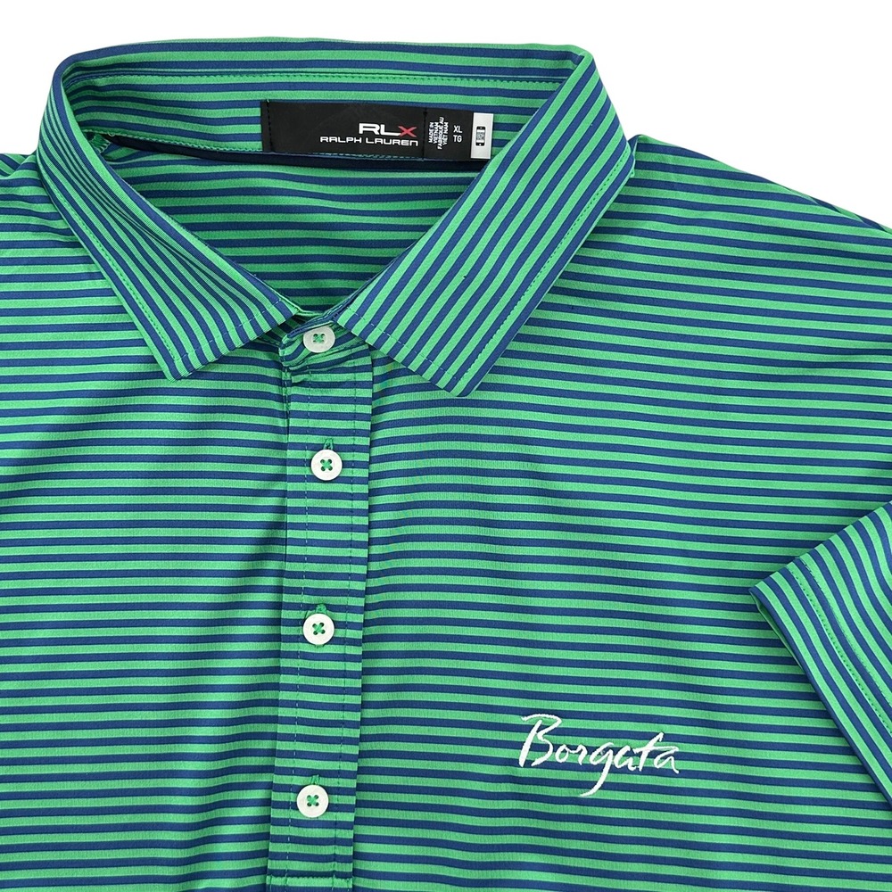 RLX‎ Ralph Lauren Borgata Striped Golf Polo Shirt Mens XL Green Blue Performance